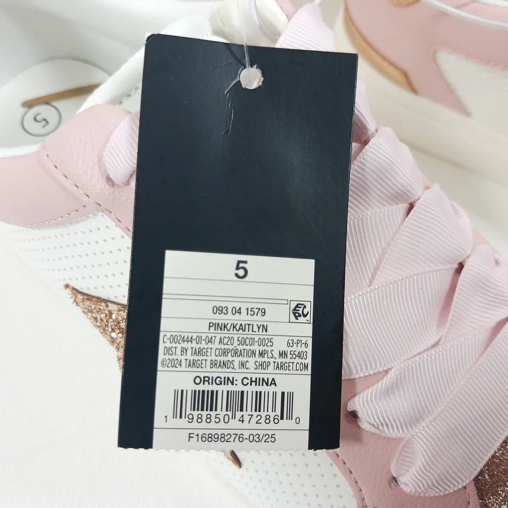Art Class Kaitlyn Pink White Glitter Star Ribbon Lace Sneakers Girls Size 5 NEW